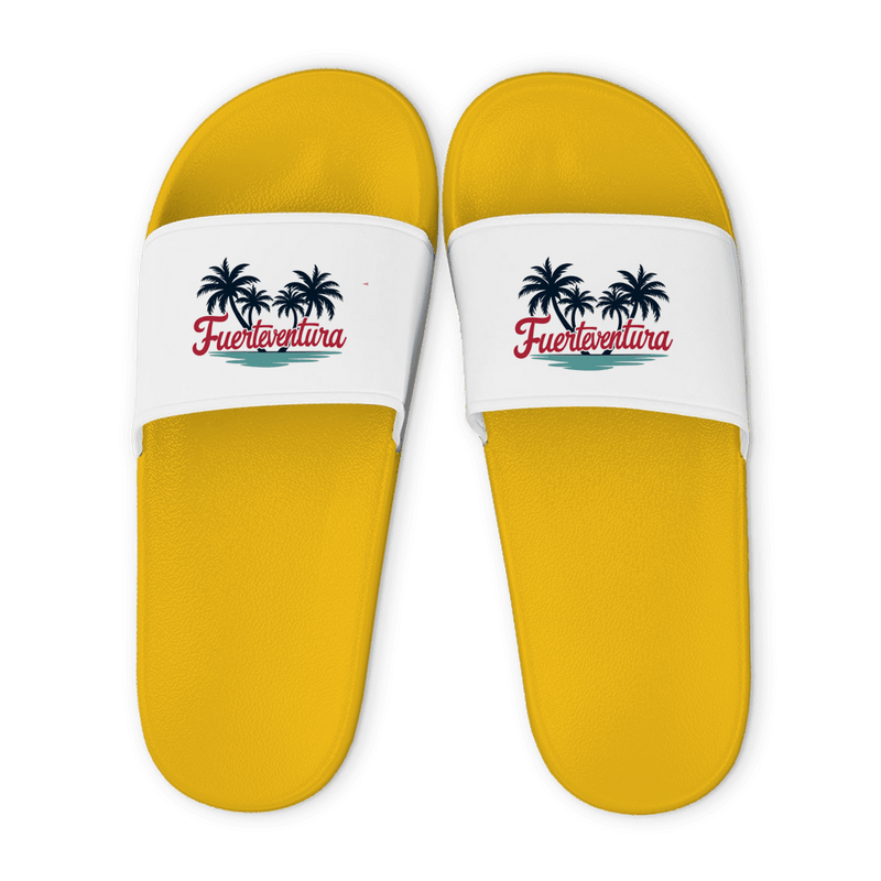 Gelbe Unisex Badelatschen mit weißem Riemen und Fuerteventura Palmen Design, Sommer Slipper für Strand und Pool.