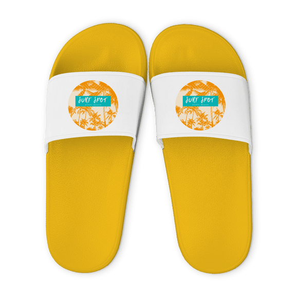 Gelbe Unisex Badelatschen mit weißem Riemen und Surf Spot Bondi Beach Design, Sommer Slipper für Strand und Pool.
