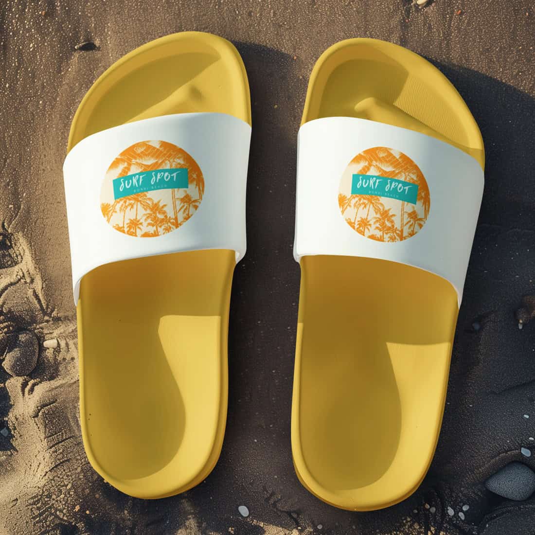 Unisex Badelatschen gelb-weiss mit Surf Spot Bondi Beach Design, Sommer Slipper für Strand und Urlaub.
