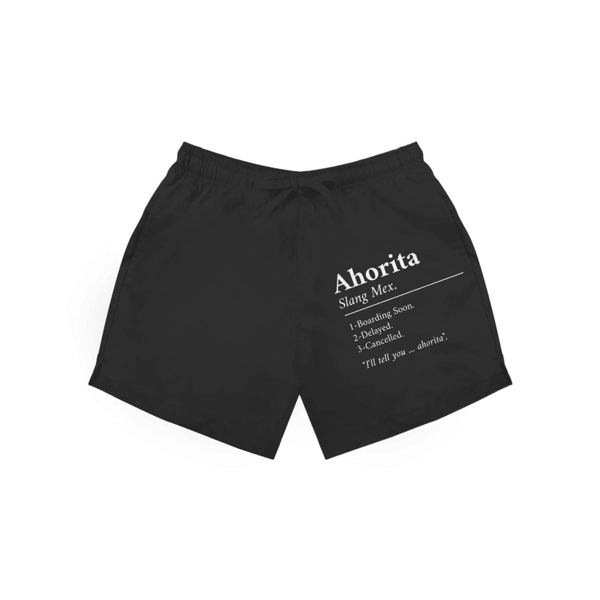 Schwarze Herren Badeshorts mit Aufdruck „Ahorita – Slang Mex“ in weiss.