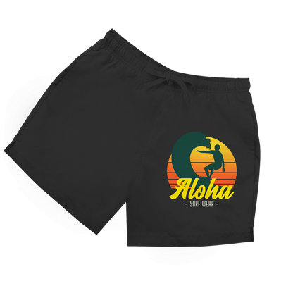 Schwarze Herren Badeshorts mit Surfer in Welle und Schriftzug „Aloha Surf Wear“.