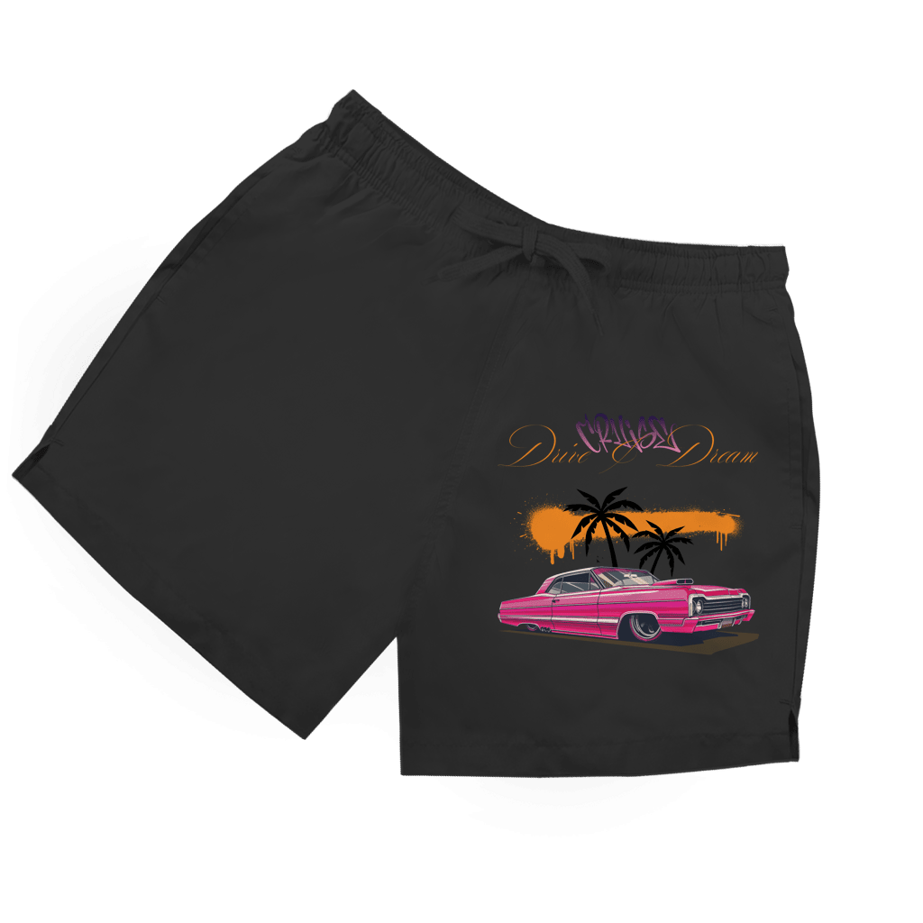 Schwarze Herren Badeshorts mit farbenfrohem Retro-Auto, Palmen und Schriftzug „Drive & Dream“.