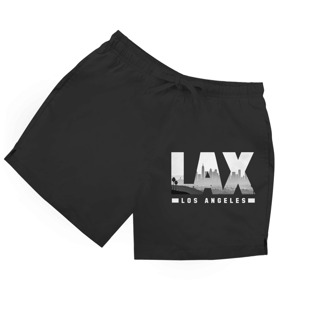 Schwarze Herren Badeshorts mit LAX Airport Code Aufdruck im Double Layer Fotodesign in schwarz-weiss.