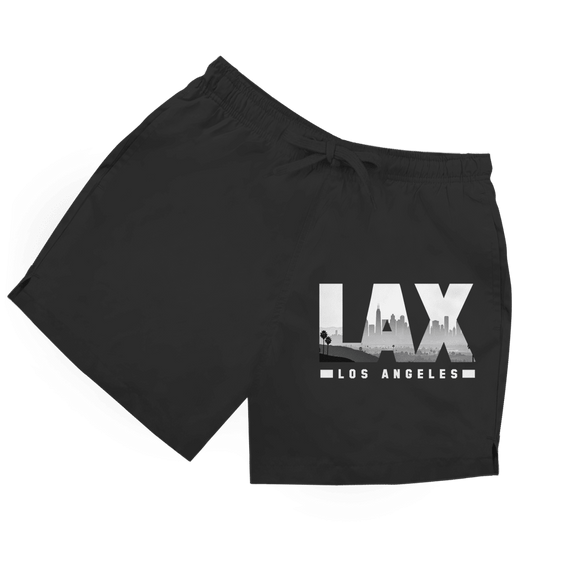 Schwarze Herren Badeshorts mit LAX Airport Code Aufdruck im Double Layer Fotodesign in schwarz-weiss.