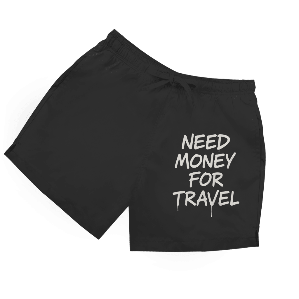 Schwarze Herren Badeshorts mit Aufdruck „Need Money For Travel“ in Graffittischrift in weiß.