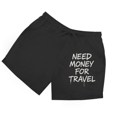 Schwarze Herren Badeshorts mit Aufdruck „Need Money For Travel“ in Graffittischrift in weiß.