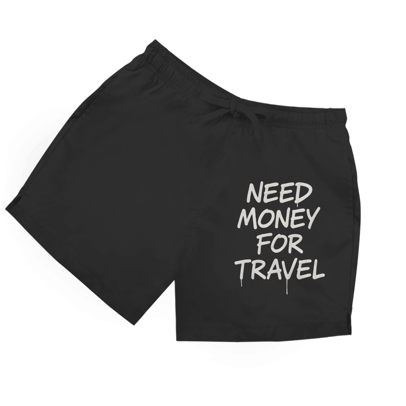 Schwarze Herren Badeshorts mit Aufdruck „Need Money For Travel“ in Graffittischrift in weiß.
