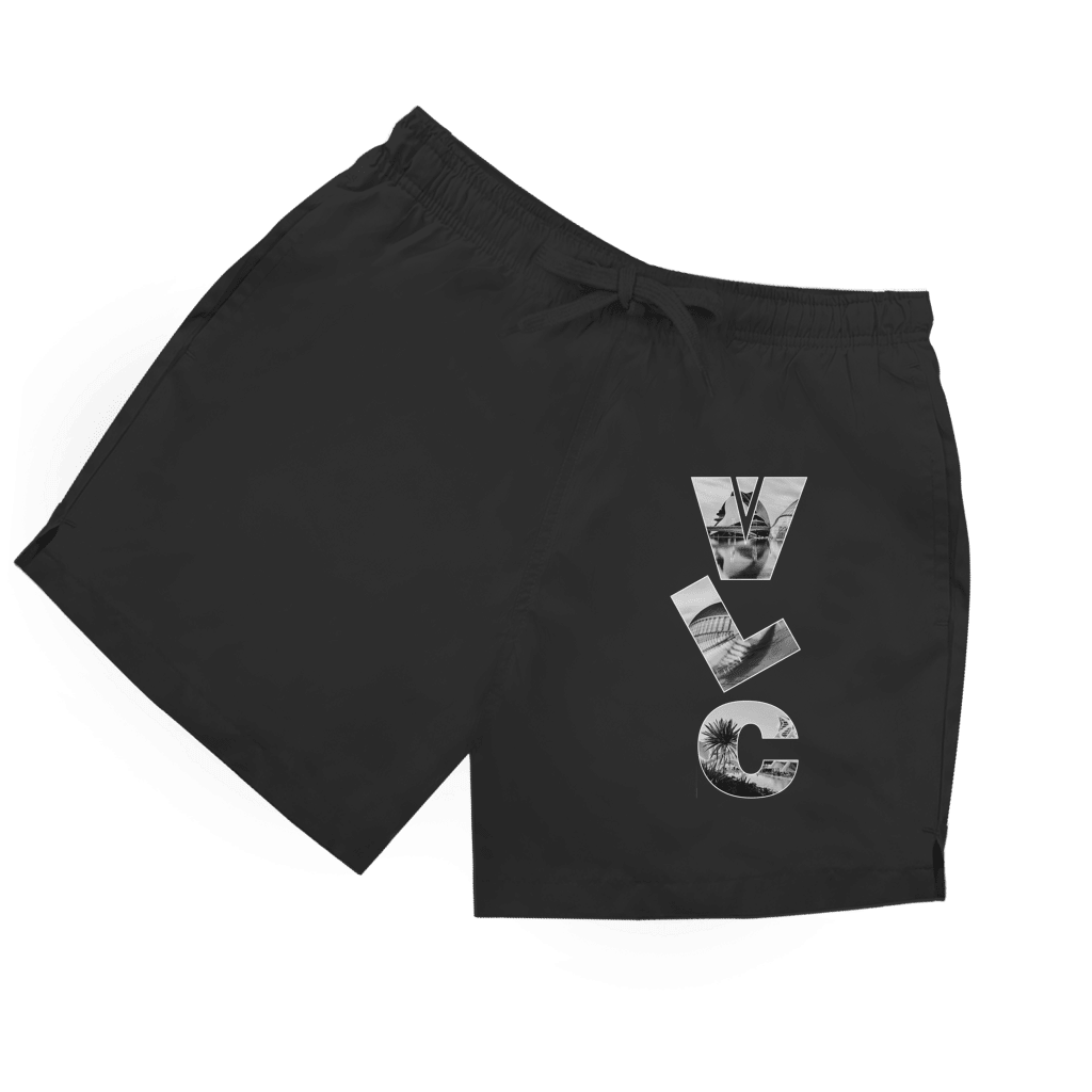 Schwarze Herren Badeshorts mit vertikalem VLC (Airport Code) im Double Layer Fotodesign in schwarz-weiss.