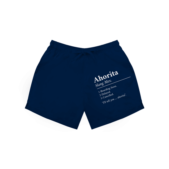 Dunkelblaue Herren Badeshorts mit Aufdruck „Ahorita – Slang Mex“ in weiss.
