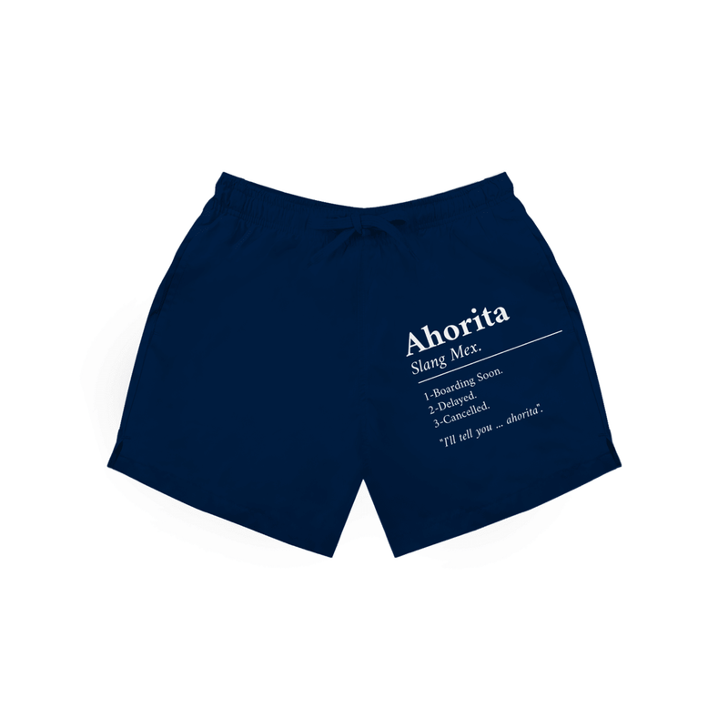 Dunkelblaue Herren Badeshorts mit Aufdruck „Ahorita – Slang Mex“ in weiss.
