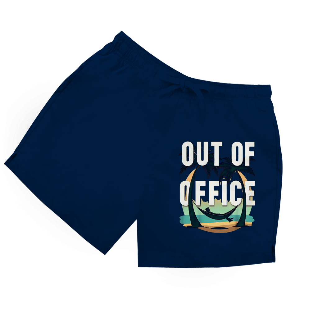 Dunkelblaue Herren Badeshorts mit Aufdruck "Out of Office". Grafik eines Mannes liegend in Hängematte an zwei Palmen.