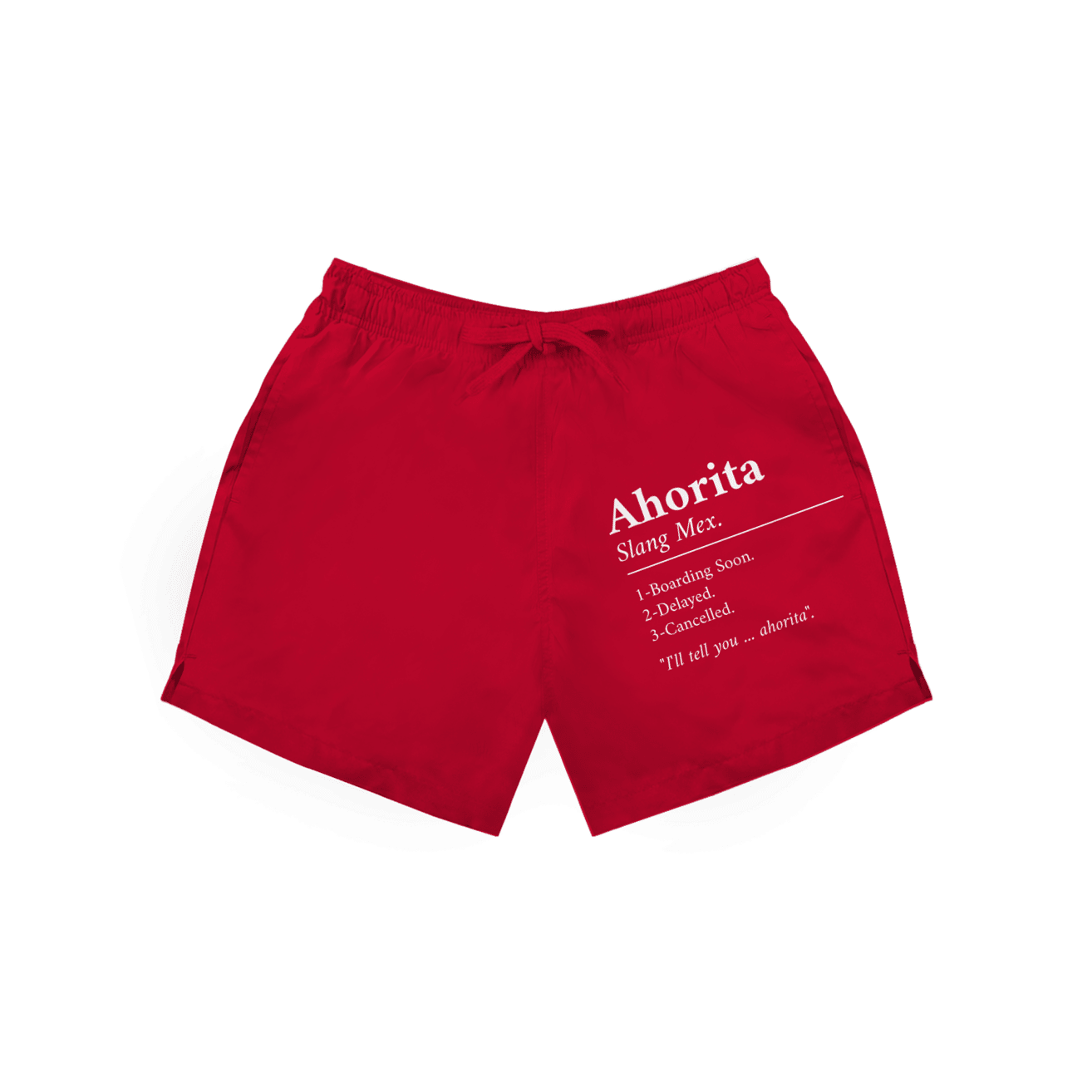 Rote Herren Badeshorts mit Aufdruck „Ahorita – Slang Mex“ in weiss.