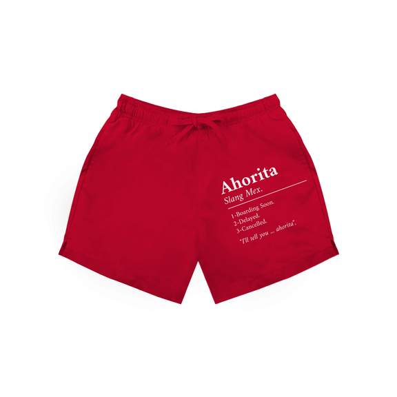 Rote Herren Badeshorts mit Aufdruck „Ahorita – Slang Mex“ in weiss.