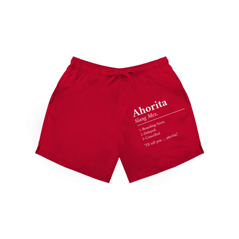 Rote Herren Badeshorts mit Aufdruck „Ahorita – Slang Mex“ in weiss.
