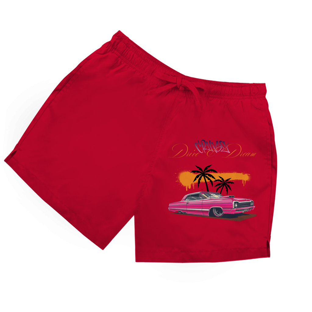 Rote Herren Badeshorts mit farbenfrohem Retro-Auto, Palmen und Schriftzug „Drive & Dream“.