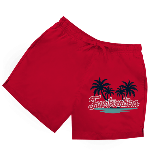 Rote Herren Badeshorts mit Palmenmotiv und Schriftzug Fuerteventura.