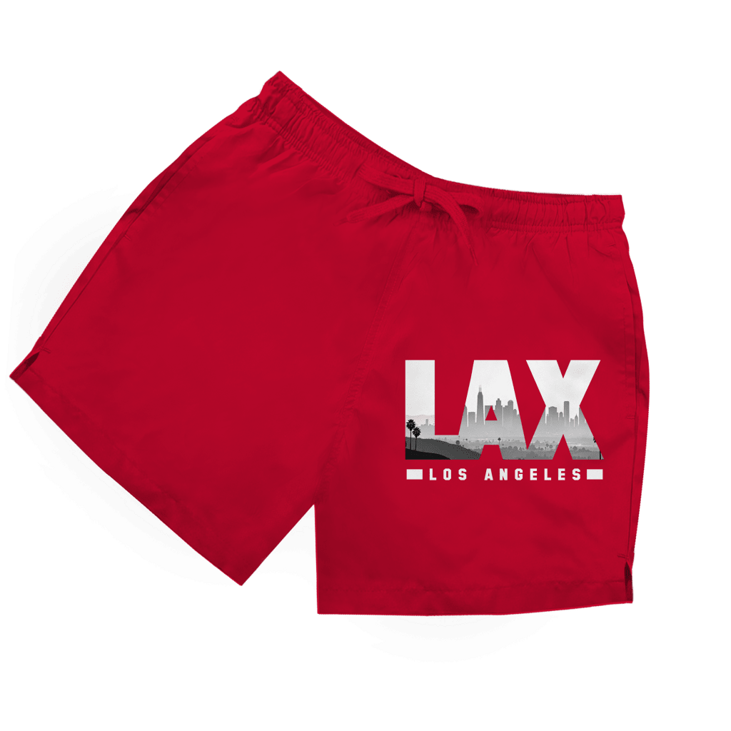 Rote Herren Badeshorts mit LAX Airport Code Aufdruck im Double Layer Fotodesign in schwarz-weiss.