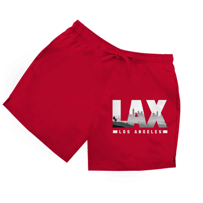 Rote Herren Badeshorts mit LAX Airport Code Aufdruck im Double Layer Fotodesign in schwarz-weiss.
