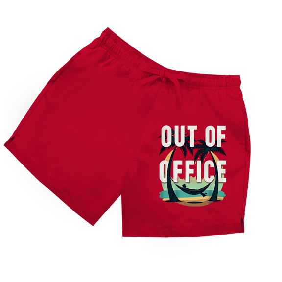 Rote Herren Badeshorts mit Aufdruck "Out of Office". Grafik eines Mannes liegend in Hängematte an zwei Palmen.