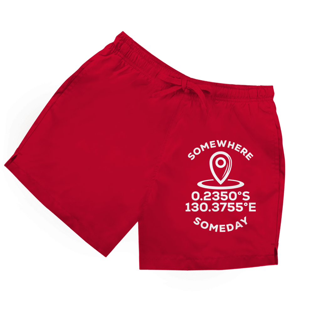 Rote Herren Badeshorts mit Map-Marker und Koordinaten sowie Schriftzug „Somewhere Someday“ in weiß.