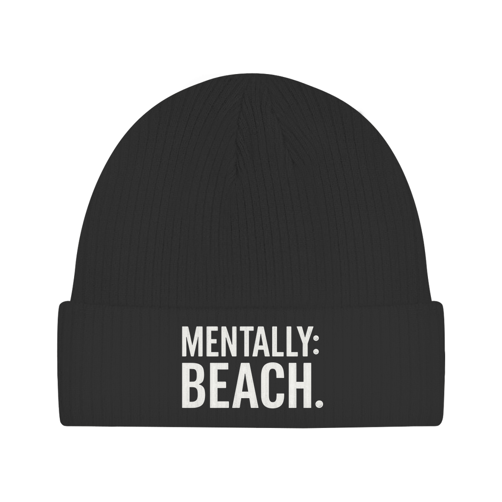 Beanie Mütze für Herren mit Print Mentally Beach in Schwarz. Fernweh zum Anziehen von travelPrint4U