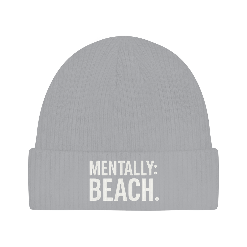 Beanie Mütze für Herren mit Print Mentally Beach in Grau. Fernweh zum Anziehen von travelPrint4U