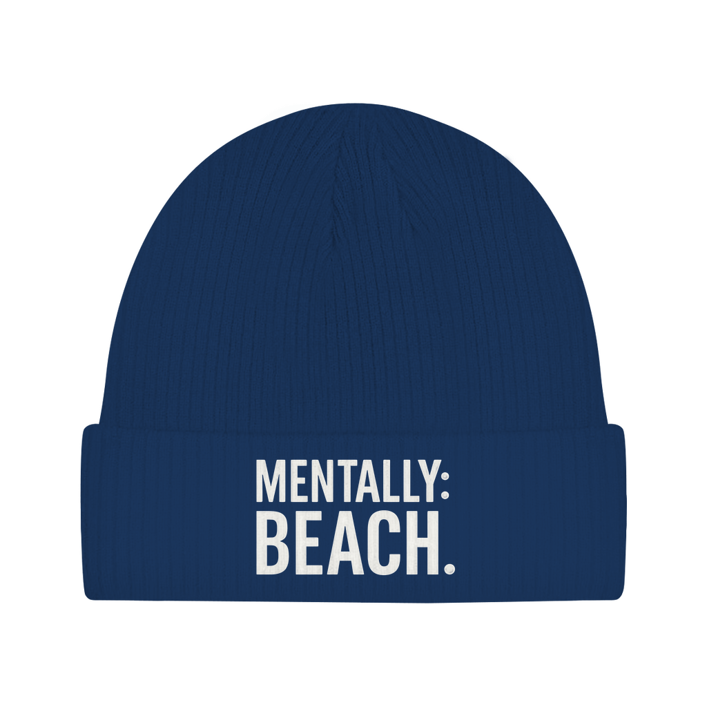 Beanie Mütze für Herren mit Print Mentally Beach in Blau. Fernweh zum Anziehen von travelPrint4U