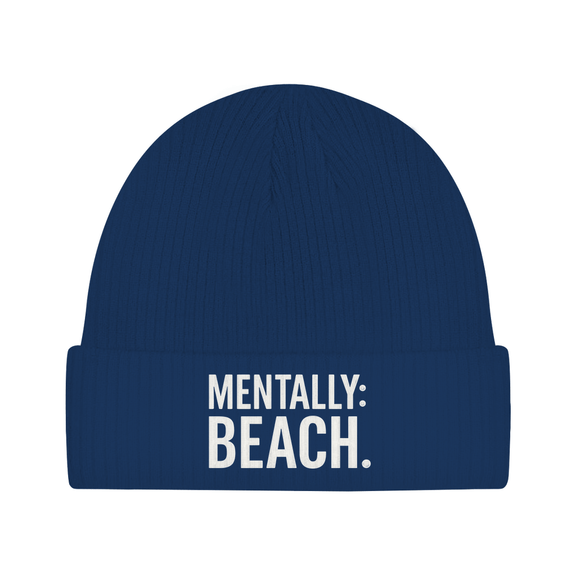 Beanie Mütze für Herren mit Print Mentally Beach in Blau. Fernweh zum Anziehen von travelPrint4U