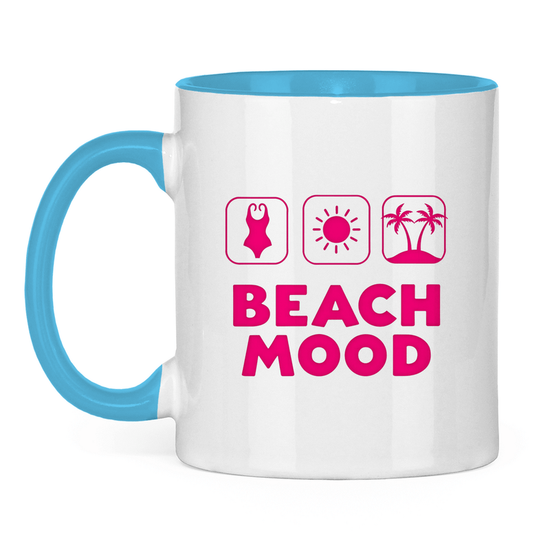 Bunte Tasse mit BEACH MOOD Aufdruck in Pink. Tasse weiß, Henkel und Innen Light Blue. Fernweh zum Anfassen? travelPrint4U.de