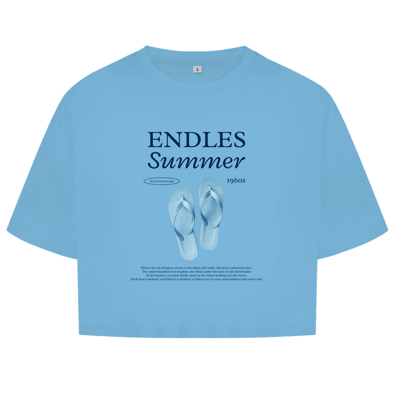 Ein paar hellblaue Flipflops als zentrales Motiv. Grosse blaue Überschrift mit Designnamen. Endles Summer Text darunter.