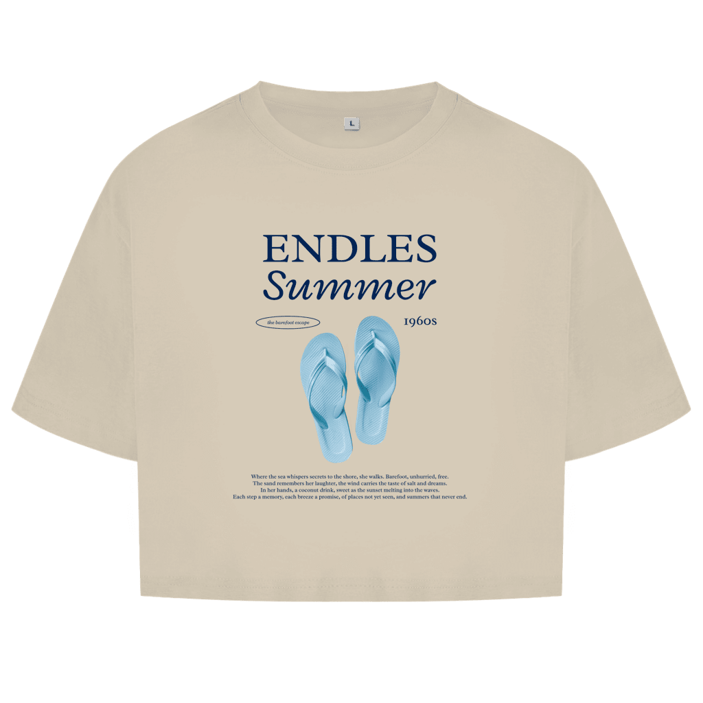 Ein paar hellblaue Flipflops als zentrales Motiv. Grosse blaue Überschrift mit Designnamen. Endles Summer Text darunter.