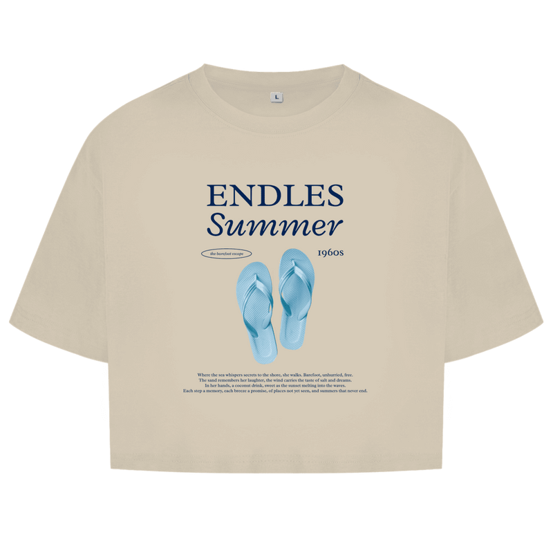 Ein paar hellblaue Flipflops als zentrales Motiv. Grosse blaue Überschrift mit Designnamen. Endles Summer Text darunter.