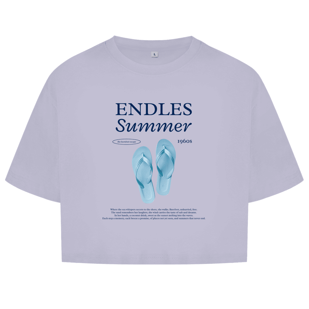 Ein paar hellblaue Flipflops als zentrales Motiv. Grosse blaue Überschrift mit Designnamen. Endles Summer Text darunter.