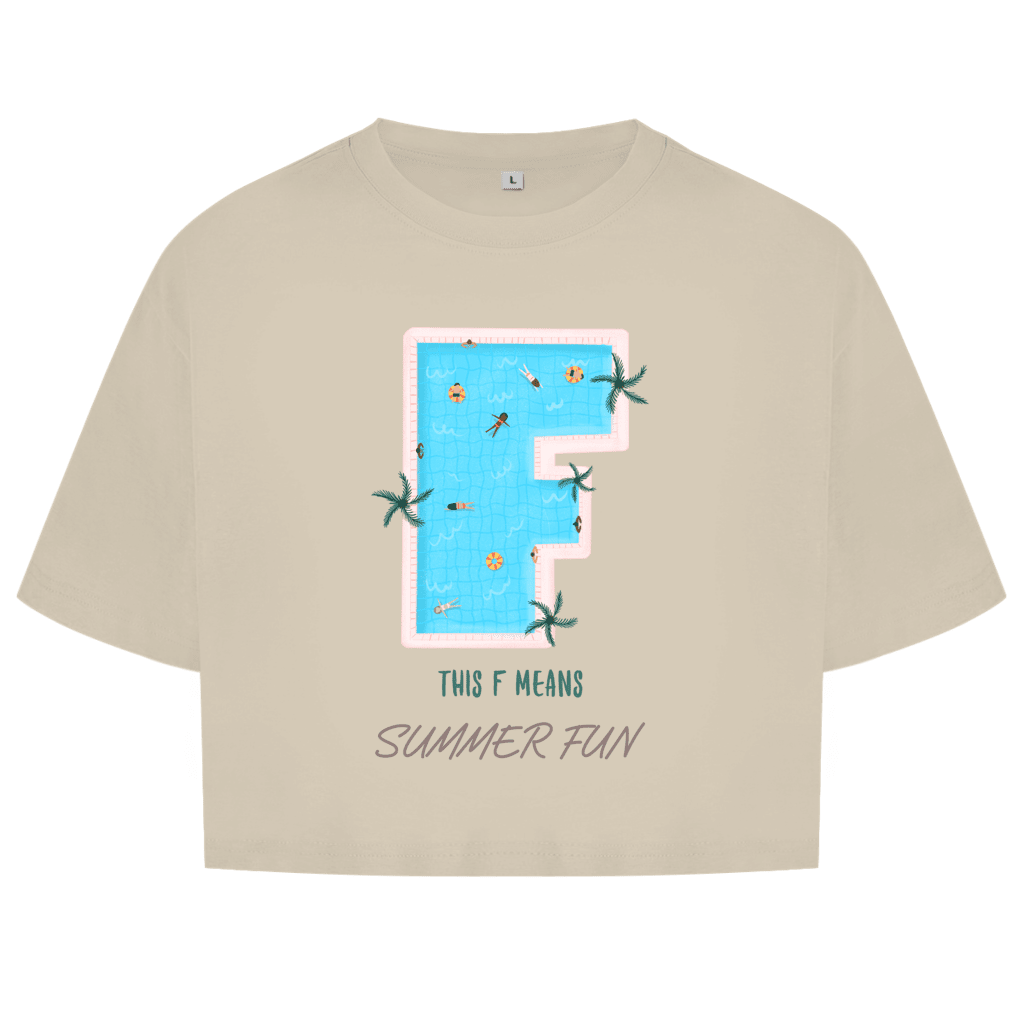 Grossbuchstabe F als Pool mit Schwimmringen und Menschen. Umrahmt von gruenenPalmensternen. This F Means Summer Fun.