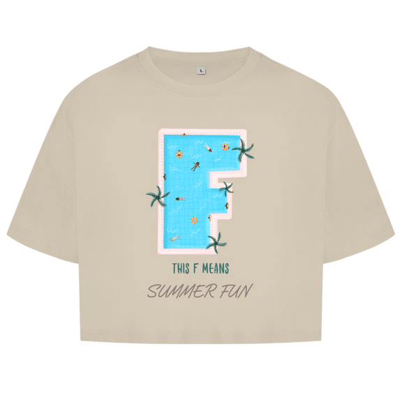 Grossbuchstabe F als Pool mit Schwimmringen und Menschen. Umrahmt von gruenenPalmensternen. This F Means Summer Fun.