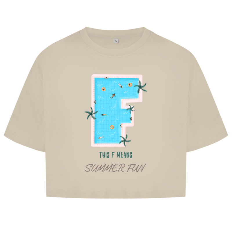 Grossbuchstabe F als Pool mit Schwimmringen und Menschen. Umrahmt von gruenenPalmensternen. This F Means Summer Fun.