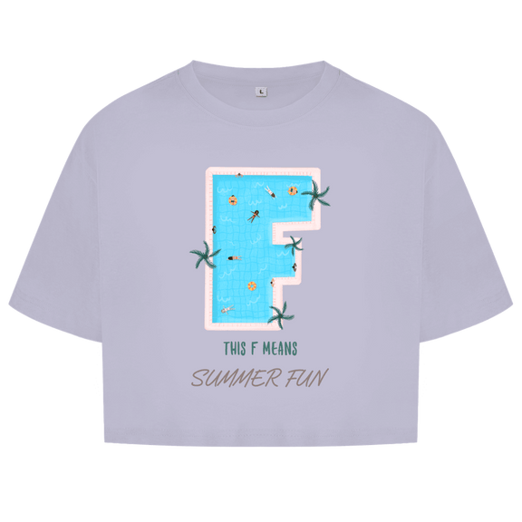 Grossbuchstabe F als Pool mit Schwimmringen und Menschen. Umrahmt von gruenenPalmensternen. This F Means Summer Fun.