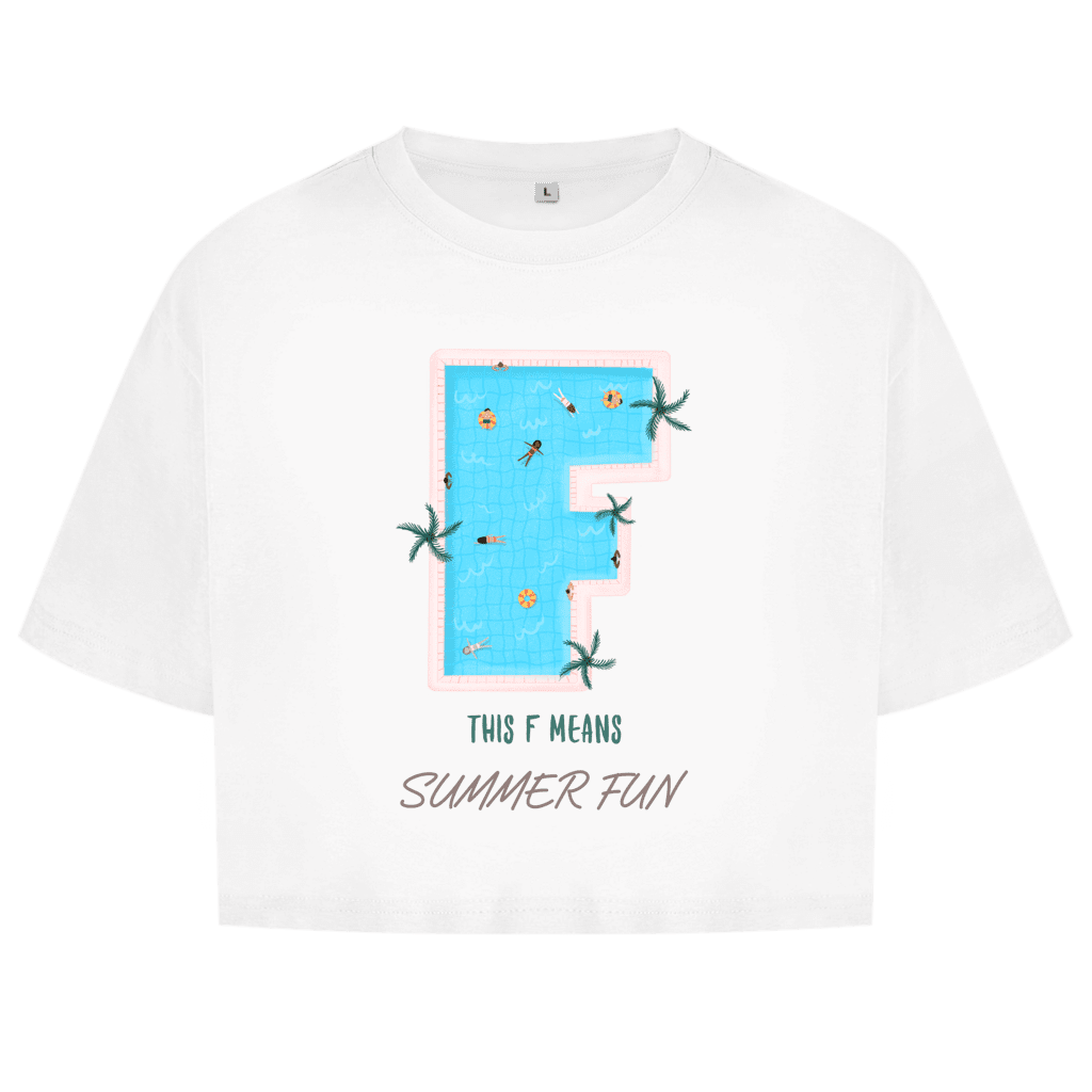 Grossbuchstabe F als Pool mit Schwimmringen und Menschen. Umrahmt von gruenenPalmensternen. This F Means Summer Fun.