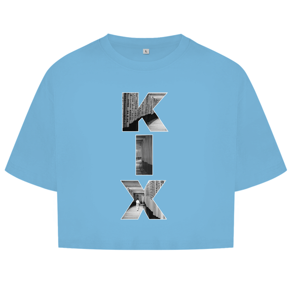 Hellblaues Oberteil mit dem Airport Code, vertikaler Druck. Als Overlay von KIX ein Bild mit den Torii Toren.