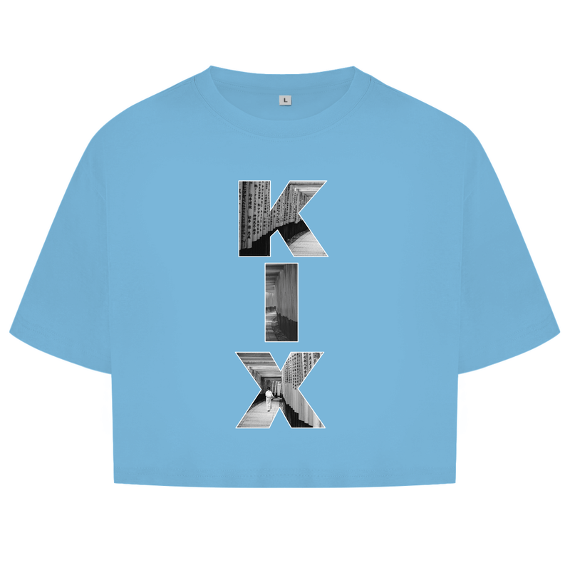 Hellblaues Oberteil mit dem Airport Code, vertikaler Druck. Als Overlay von KIX ein Bild mit den Torii Toren.