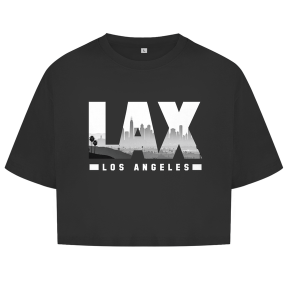 Schwarzes Oberteil mit dem Airport Code, horizontaler Druck. Über den 3 Buchstaben liegt als Bild die Skyline der Stadt.