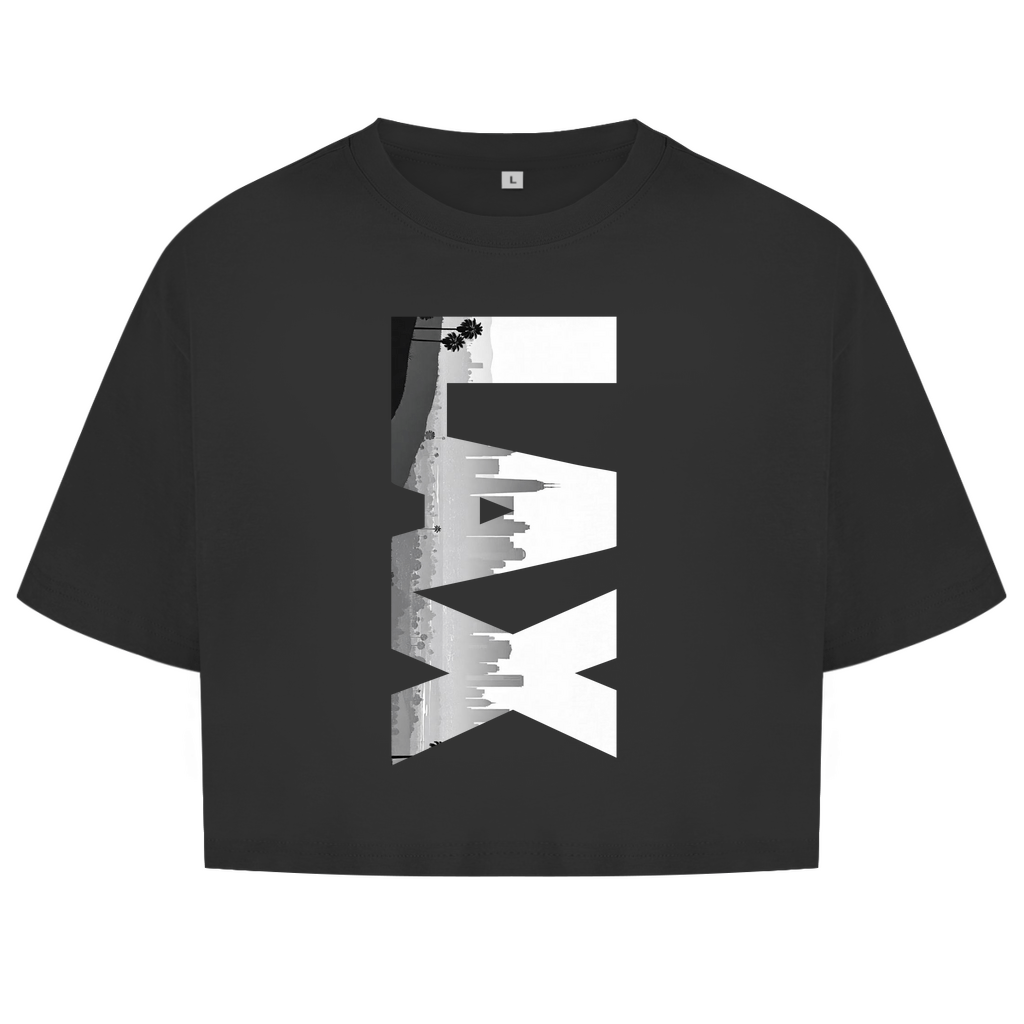 Schwarzes Oberteil mit dem Airport Code, vertikaler Druck. Über den 3 Buchstaben liegt als Bild die Skyline der Stadt.