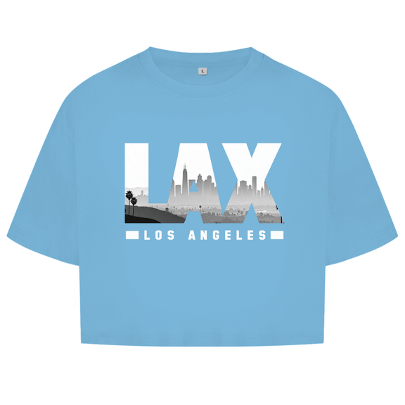 Hellblaues Oberteil mit dem Airport Code, horizontaler Druck. Über den 3 Buchstaben liegt als Bild die Skyline der Stadt.