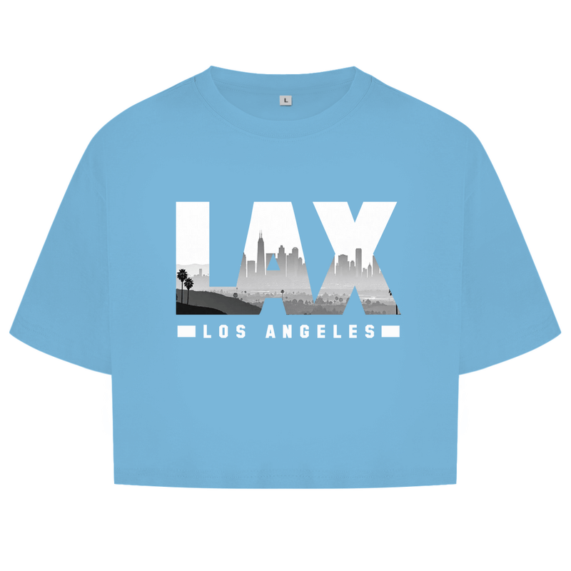 Hellblaues Oberteil mit dem Airport Code, horizontaler Druck. Über den 3 Buchstaben liegt als Bild die Skyline der Stadt.