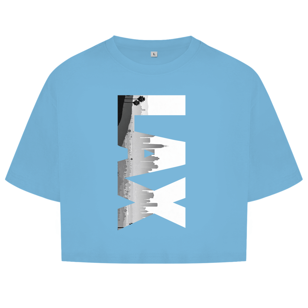 Hellblaues Oberteil mit dem Airport Code, vertikaler Druck. Über den 3 Buchstaben liegt als Bild die Skyline der Stadt.