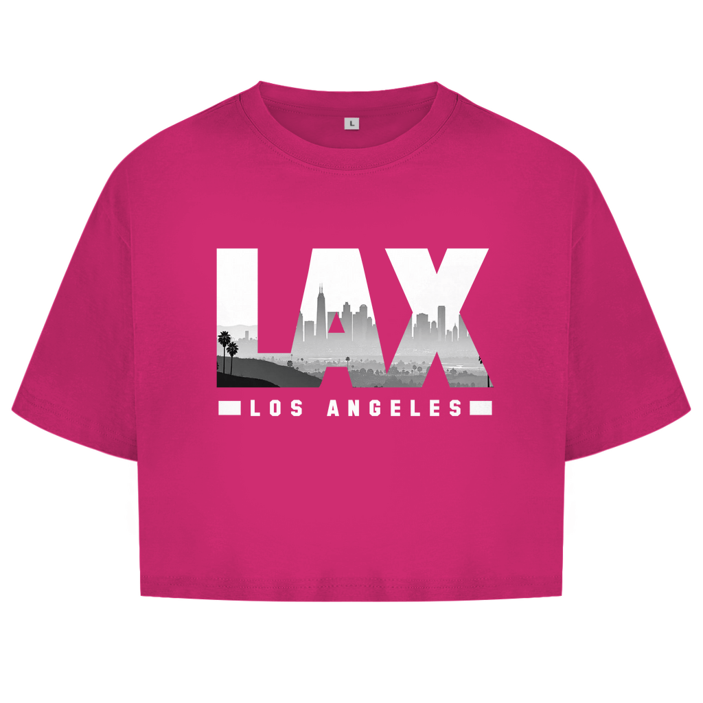 Pink farbiges Oberteil mit dem Airport Code, horizontaler Druck. Über den 3 Buchstaben liegt als Bild die Skyline der Stadt.