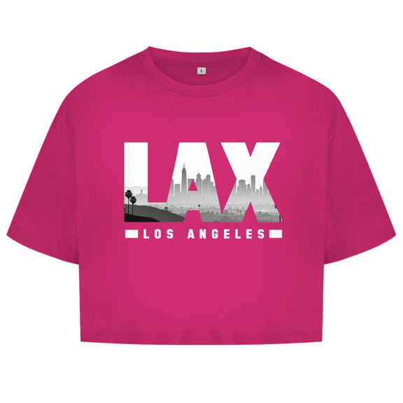 Pink farbiges Oberteil mit dem Airport Code, horizontaler Druck. Über den 3 Buchstaben liegt als Bild die Skyline der Stadt.