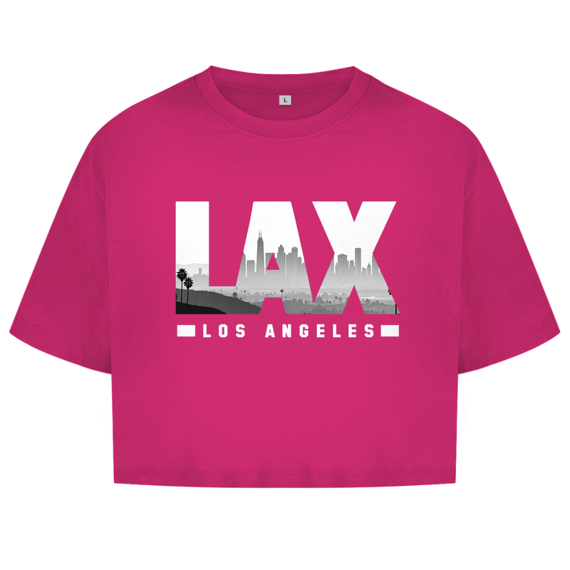 Pink farbiges Oberteil mit dem Airport Code, horizontaler Druck. Über den 3 Buchstaben liegt als Bild die Skyline der Stadt.