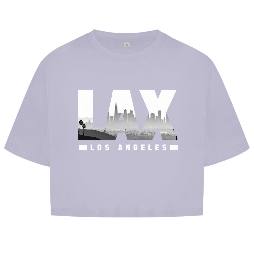 Zartlila farbiges Oberteil mit Airport Code, horizontaler Druck. Über den 3 Buchstaben liegt als Bild die Skyline der Stadt.