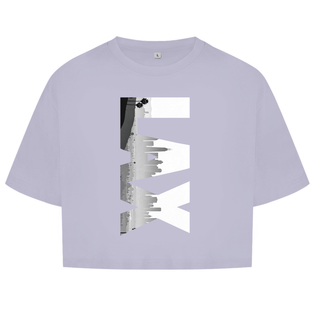 Zartlila farbiges Oberteil mit dem Airport Code, vertikaler Druck. Über den 3 Buchstaben liegt als Bild die Skyline der Stadt